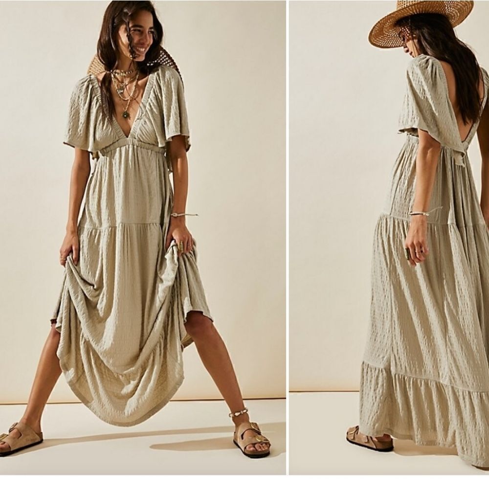 Summer V-Neck, Tiered Silhouette with Flutter Sleeves Maxi Dress